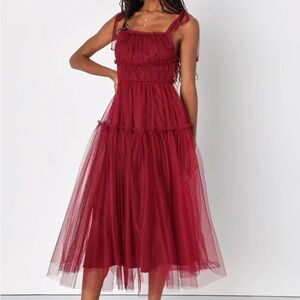 NWT Lulus Graceful Charisma Burgundy Tulle Tiered Tie-Strap Midi Dress